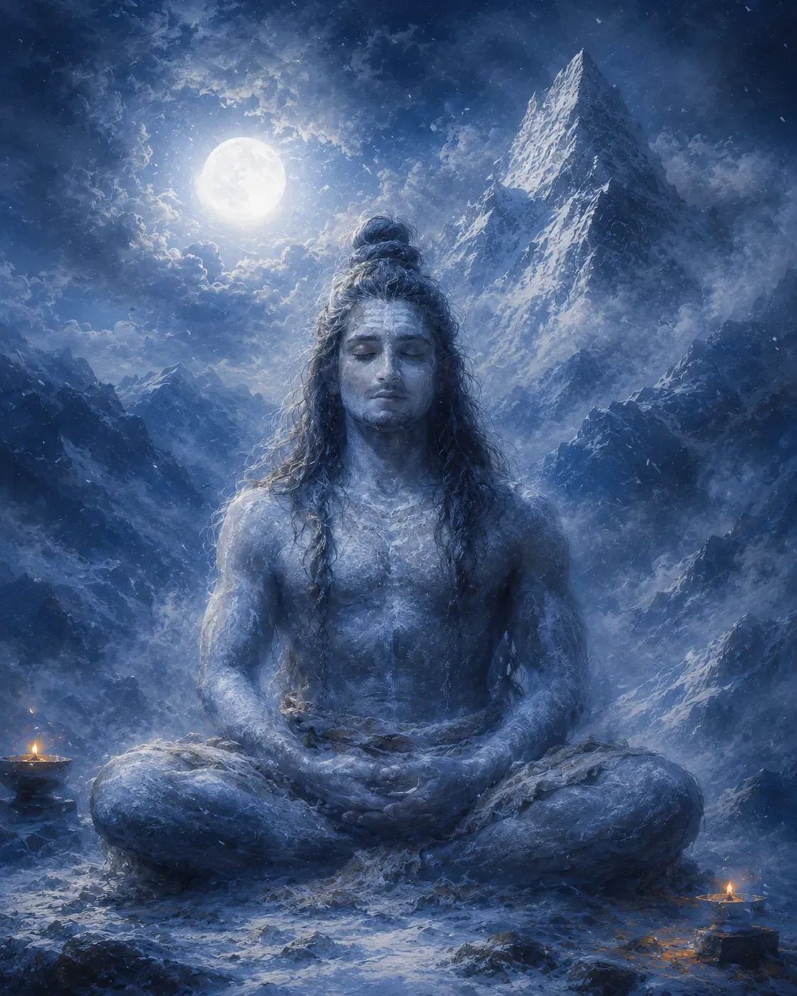 चाँद की रोशनी में ध्यानमग्न शिव — शून्य अवस्था की झलक