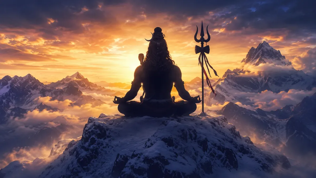 कैलाश पर्वत पर ध्यानमग्न शिव की सिल्हूट — कालशून्य का प्रतीक